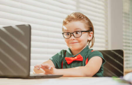 Schoolboy studying homework math during her online lesson at home. Pupil study with video call...
