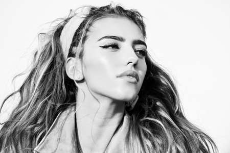 Natural makeup and skincare. Sunny portrait. Fashion beautiful woman outdoor. Beauty and care.の写真素材