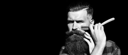 Beard man with black beard, bearded gay. Barber with razor on black, barbershop. Shaving in barber shop. Mustache men. Templates web banner design. Horizontal banner for hair salon.の写真素材