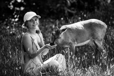 Unity with nature. Girl feed deer. Enviroment protection. Animals care. Woman feeding fawn. Animal park.の写真素材