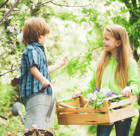 Farming and agriculture cultivation. Two young farmers. sweet childhood. Childhood on countryside. Happy little farmers having fun on field. Children planting.の写真素材