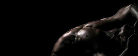 Muscular sexy man. Banner templates with muscular man, muscular torso, six pack abs muscle.の写真素材