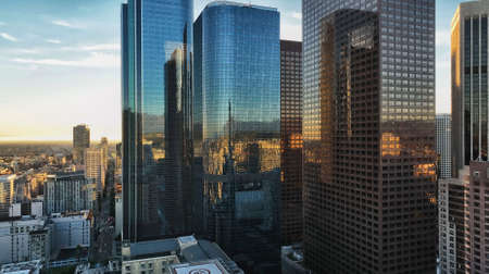 Los Angels city center. Los angeles aerial view, with drone. Los Angeles downtown skyline. Business cityscape skyline of the Los Angeles city.の写真素材