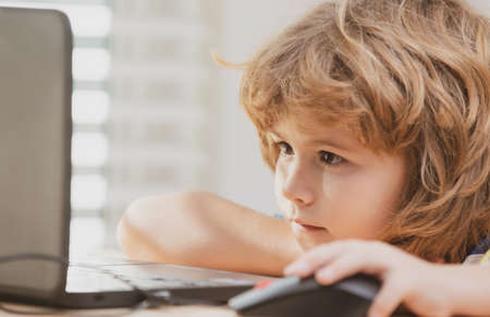 Close up portrait of school boy looking at the laptop during lesson. Education and learning for...