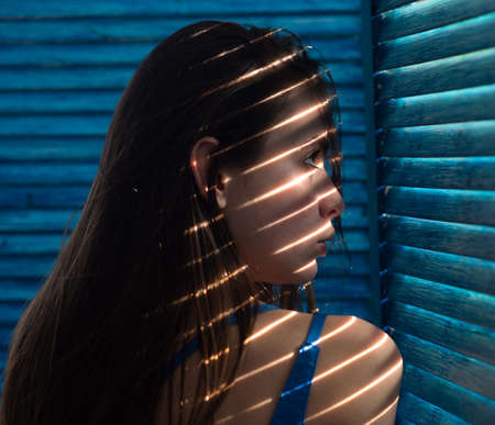 Sensual romantic woman face close up. Beauty portrait of young sexy woman with shadow.の写真素材