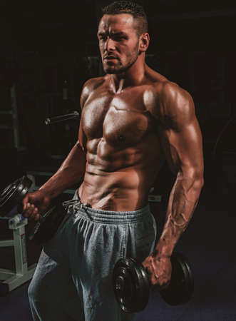 Dumbbells. Sportsman in gym. Sporty exercises. Male torso with six packs. Man naked body.の写真素材