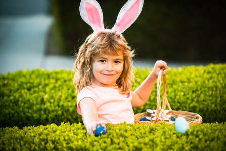 Child boy with easter eggs and bunny ears laying on grass. Child gathering eggs, easter egg hunt...