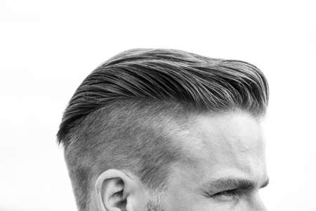 Hairdresser. Man hairstyle. Healthy male hair. Dandruff. Isolated.の写真素材