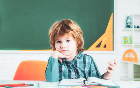 Elementary school. Individual teaching. Cute little preschool kid boy with teacher study in a classroom. Educational process.の写真素材