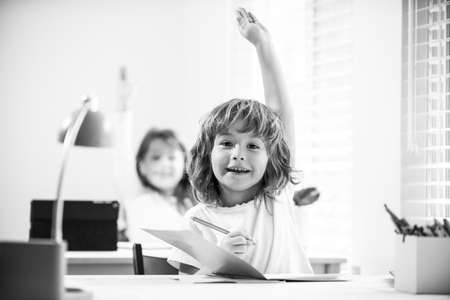 Schoolboy answering. Lesson in classroom. Education and learning. Schoolboy and schoolgirl.