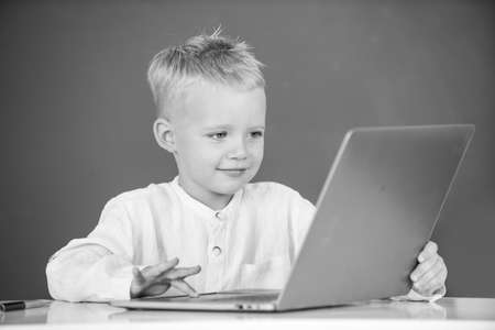 School boy learn lesson sitting at desk, studying online e-learning use internet. Genius child programming, computer training.の写真素材