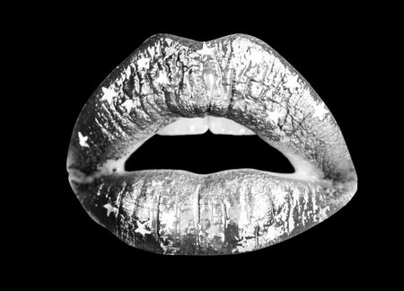 Open mouth woman close up. Sexy red female lips. Sensual open mouth. Isolated lip, surprised wow icon.の写真素材