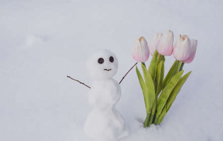 Snowman with spring tulip flowers. Winter snow man with stick hand.の写真素材