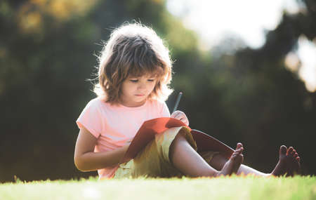 Funny child boy doing homework writing and reading in park on grass. Distance education for children. Preschool pupil.の写真素材
