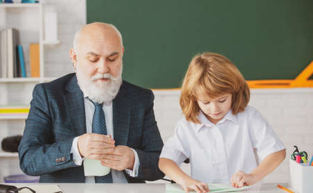 Teacher and pupil in classroom. Help to learn. Education concept. School learning concept. Boy...