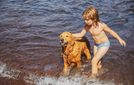 Happy kid playing with dog on beach. Little boy playing with dog in water.の写真素材