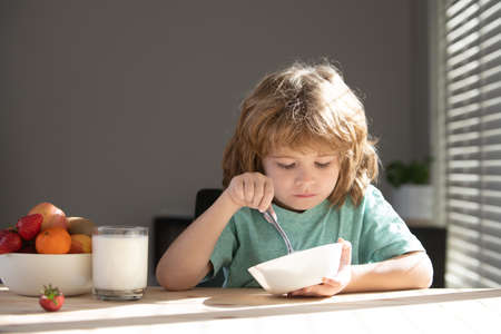 Caucasian toddler child boy eating healthy soup in the kitchen.の写真素材