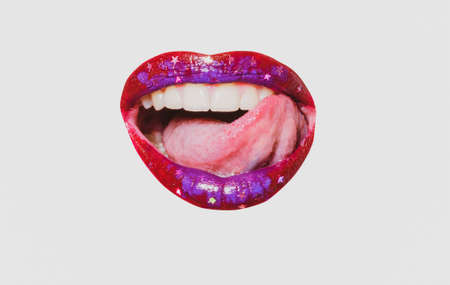 Sexy lips. Macro photo woman face detail. Lip make-up, red lipstick. Tender sensual lips. Beautiful girl mouth, close up. Isolated on white. Dental Care.の写真素材