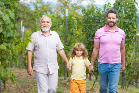 Male generation family walking together with three different generations ages grandfather father and son in summer garden.の写真素材