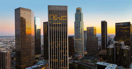Los Angeles downtown panoramic city with skyscrapers. California theme with LA background. Los Angels city center. Los angeles buildings.の写真素材