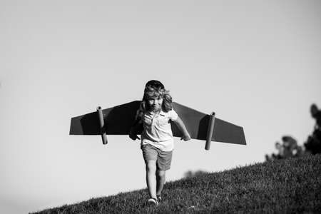 Child playing with cardboard toy wings in the park. Concept of children day. Kid boy in an pilot...