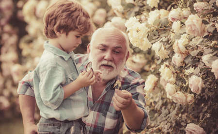 Grandfather and grandson. Old and Young. Concept of a retirement age. Little helper in garden....