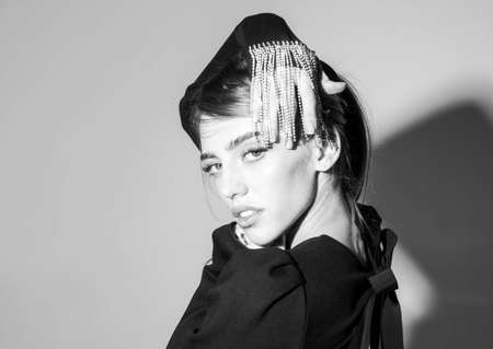 Woman face. Portrait of sensual young female model.の写真素材