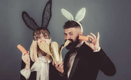 Cute bunny rabbit couple. Easter bunny dress. Happy easter egg couple. Funny easter.の写真素材