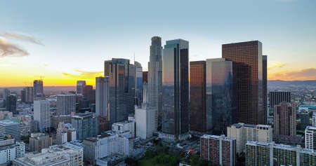 Los Angeles downtown panoramic city with skyscrapers. California theme with LA background. Los Angels city center.の写真素材