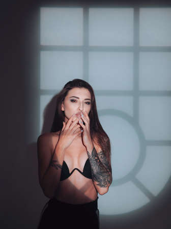 fashion and beauty. skincare. confident fashion model. girl with perfect face skin. natural & evening makeup. makeup cosmetics. pretty girl with sexy look. sexy woman in erotic bra. Fashion portraitの写真素材