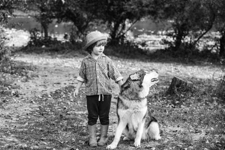 Funny child boy with dog walk together on green hill. Summer portrait of happy cute child - son with dog pet. Little brother walk with puppy. Childhood memories.の写真素材