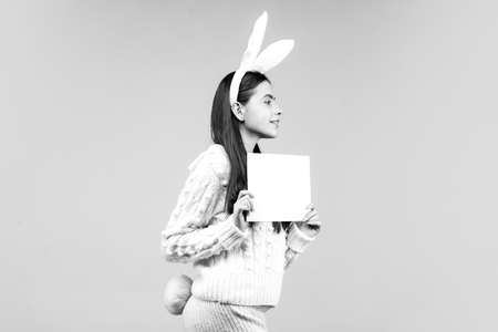 Girl in costume Easter bunny hold paper board on blue background isolated.の写真素材