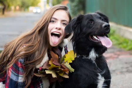 Happy girl gets lovely dog, plays and embraces. Humans and dogs. Girl with tongue embracing puppy dog outdoor.の写真素材