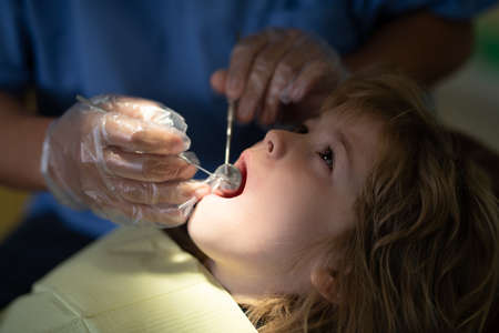 Kids stomatology and teeth care concept. Dentist checking little child patient teeth up at dental clinic. Close-up of little boy opening his mouth wide during inspection of oral cavity.の写真素材