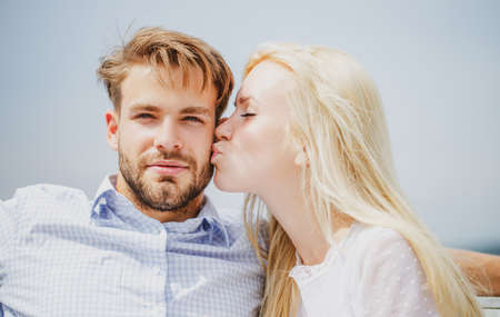 Cute couple kissing. Romantic date. True love. Man with woman in relationships.の写真素材