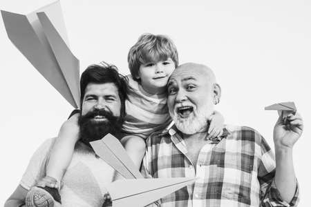 Happy fathers day. Child happy. Male multi generation family. Family people. Child pilot aviator...