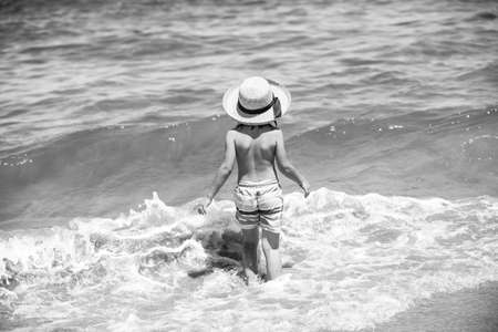 Back view of little kid boy in straw hat at the sea beach.の写真素材