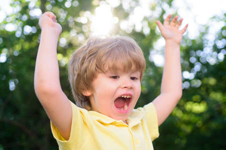 Excited kids. Portrait of adorable little boy on green background park in nature. Wow look. Portrait of amazed cute little boy with blonde hair, surprised preschooler.の写真素材