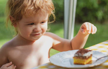 Baby eating cake. Cute child boy kid eats delicious dessert sunny summer day on natural background.の写真素材