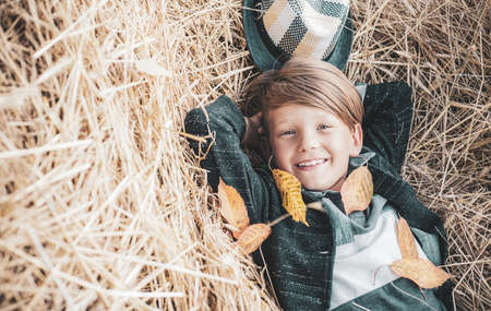 Kid boy lies on the hay. Cute little child boy on farm village background. Smiling little boy playing with leaves and looking at camera. Close-up portrait. Good time in the village.の写真素材