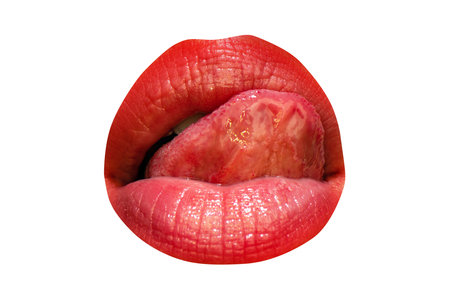 Isolated woman mouth with tongue licking sexy lips with red lipstick. Female tongue liking glossy...