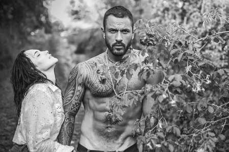 Couple in love, sensual lovers hugging and embracing outdoor.