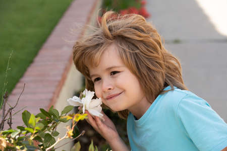 Beautiful blond little child with long hair smelling flower. Spring child face. Funny kids face. Happy little blond hair child with flowers. Child dreaming and smiling against spring field.の写真素材