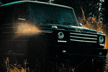 Mud and water splash in off-road racing. Off the road travel on mountain road. Track on mud. 4x4...