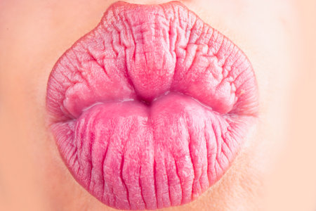 Macro lips. Close up woman mouth, isolated on white. Extreme close up mouth, macro sexy lip.の写真素材
