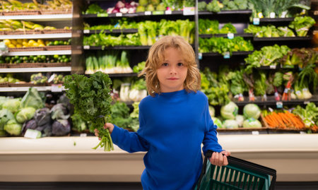 Child with shopping basket and fresh vegetables. Little child choosing food in grocery store or a supermarket.の写真素材