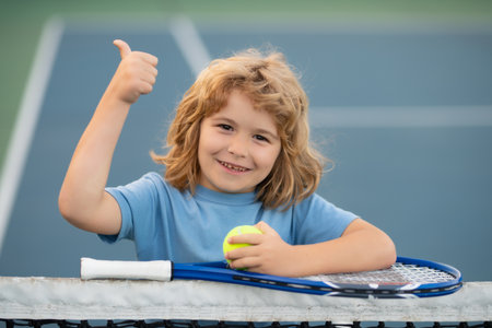 Child playing tennis on outdoor court. Child boy tennis beginner playing tennis on court.の写真素材