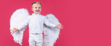 Valentines day banner with angel child. Angelic kid boy cupid with angel wings.