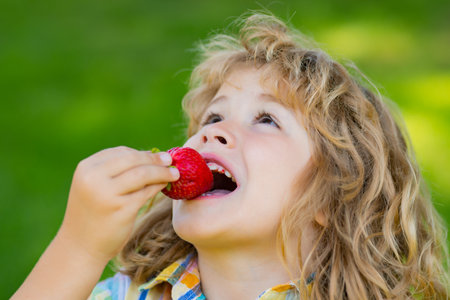 The child eats strawberry. Excited face. Strawberry for kids. Amazed expression, cheerful and glad.の写真素材