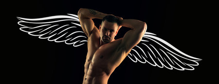 Photo banner of sexy man with wings for valentines day. Nude male torso. Sexy muscular man. Topless muscular fitnes model. Naked muscular man angel.の写真素材